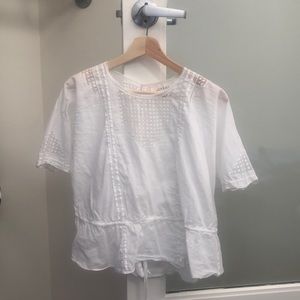 THE GREAT. White top with embroidery + lace detail